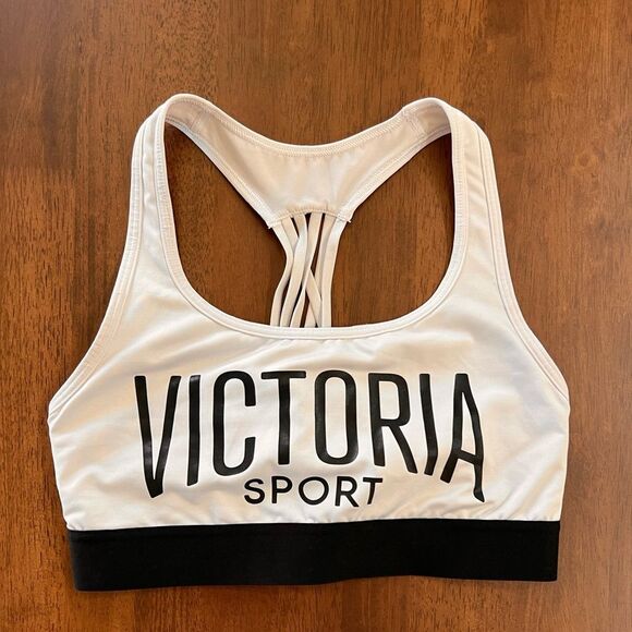 Victoria Sport White Black Spelled Out Strappy Back Unlined Sports Bra Sz S Gym - Picture 3 of 5